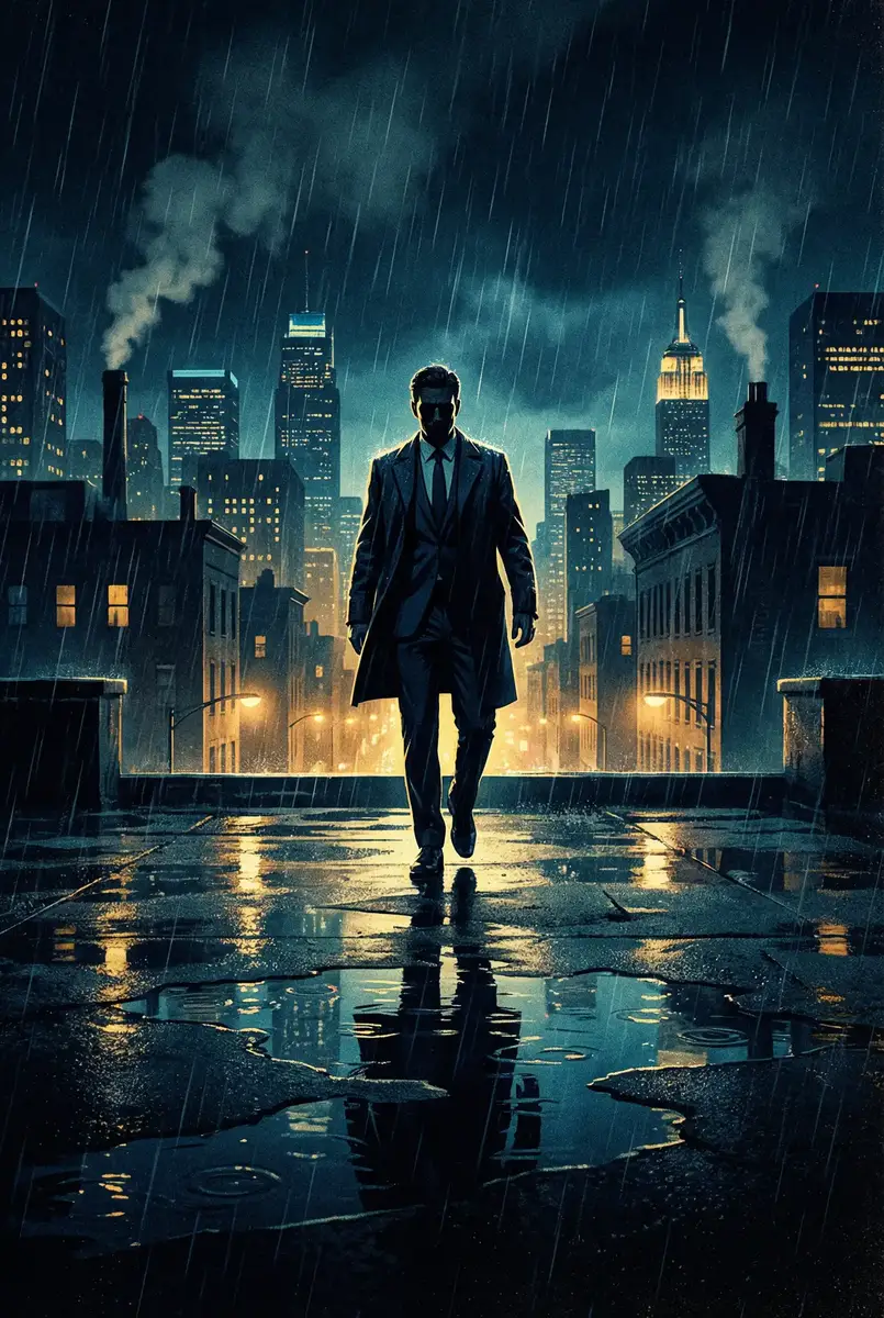 httpwww色午夜com日本 出品影片《雨夜独行者》海报，雨中城市屋顶男性剪影
